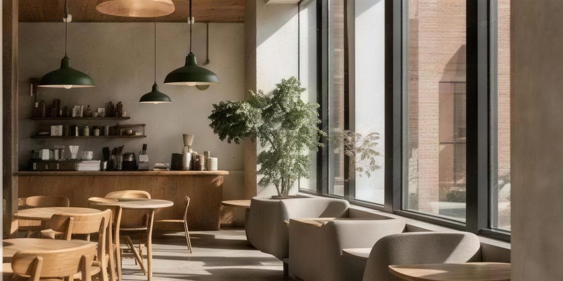 Northline café interior with green pendant lights, wooden chairs, and a plant-lined espresso bar