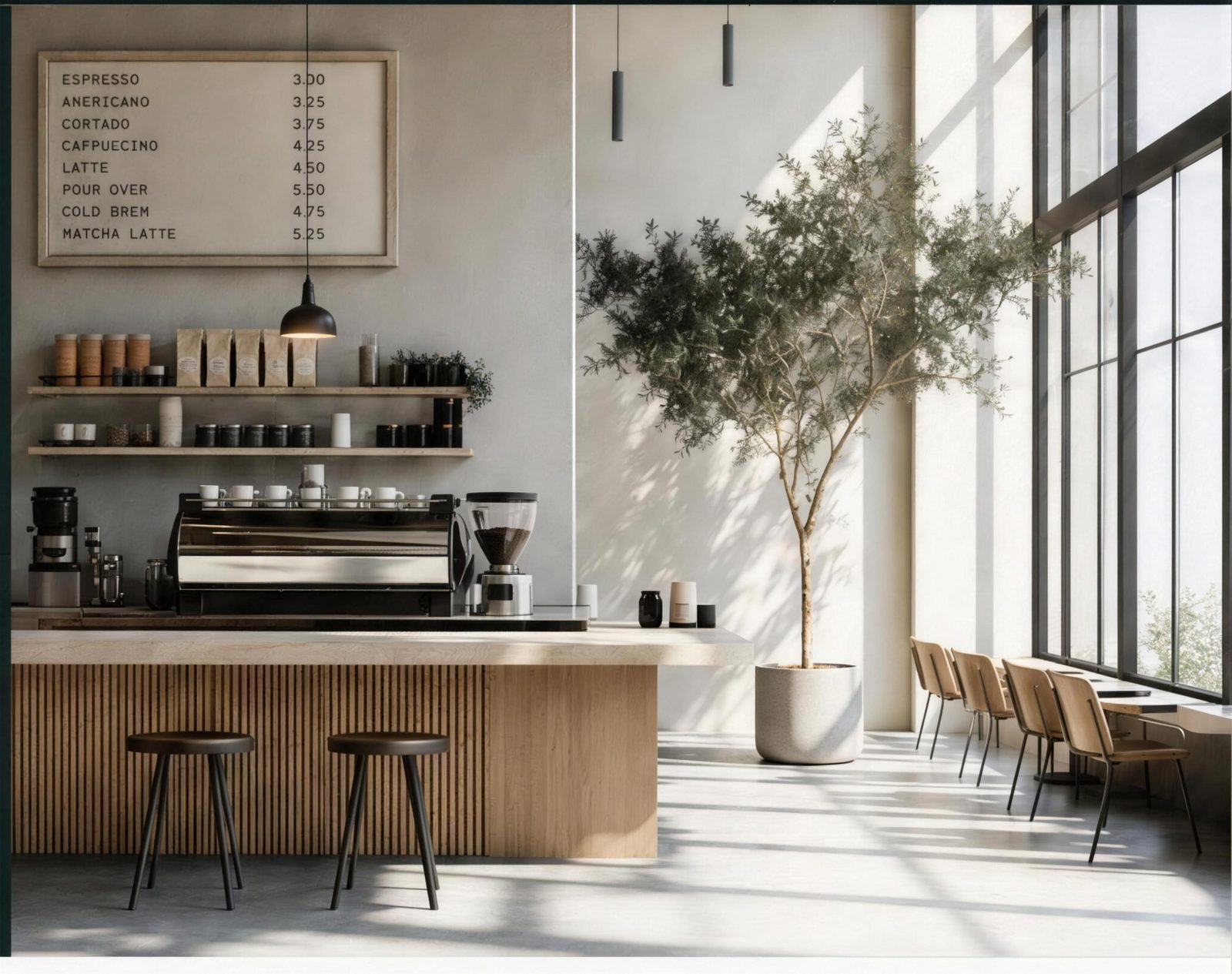 Bright modern café interior with an espresso bar, letterboard menu, olive tree, and tall sunlit windows